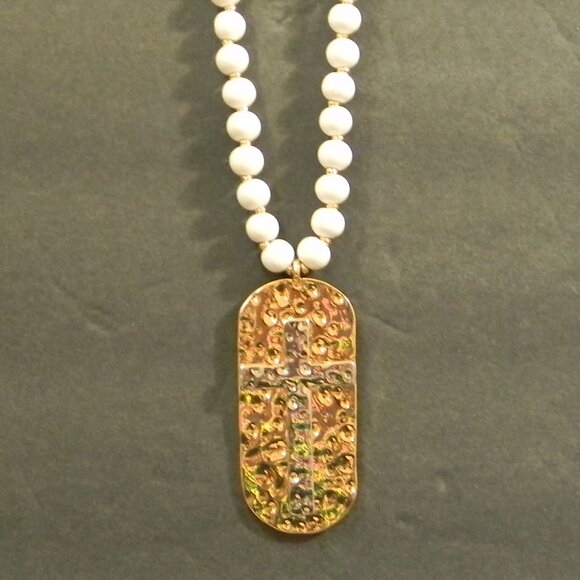 Cross Necklace Contemporary Gold/Silver with White Beads NEW - Picture 1 of 10